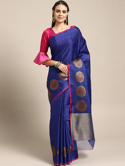 Chhabra 555 Blue Banarasi Brocade Silk saree with Zari weaving in a floral pattern and self embossed ethnic motifs and contrast Pink Blouse