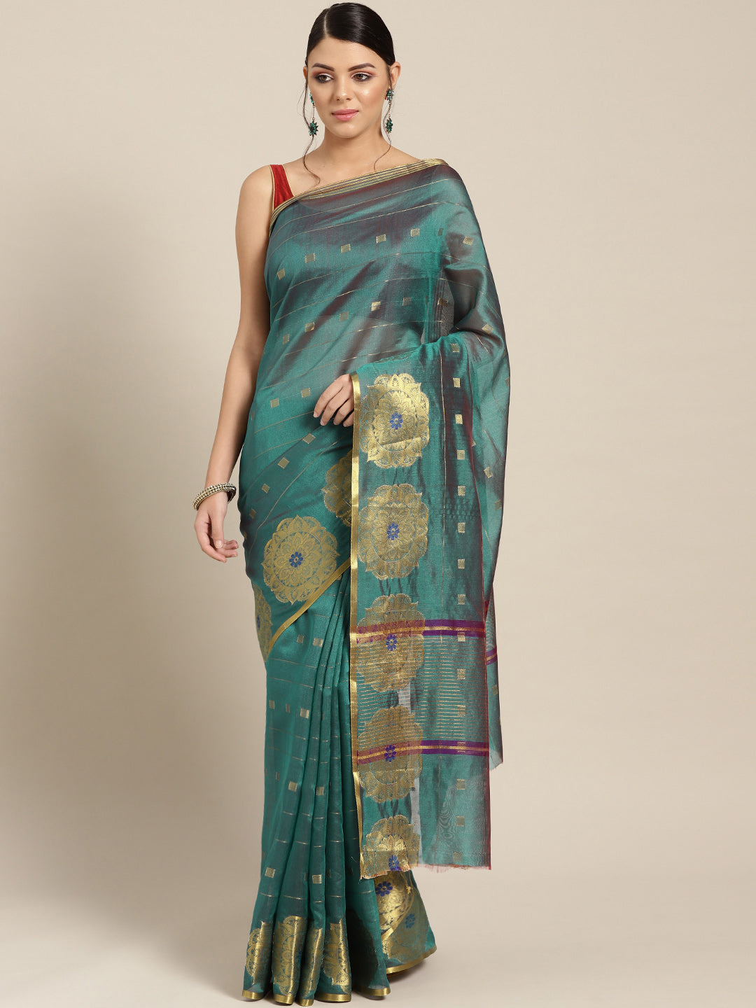 Chhabra 555 Teal Chanderi Silk saree with Zari and Meenakari weaving in a floral pattern