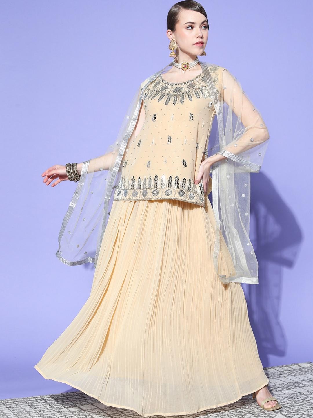 Chhabra 555 Made to Measure ivory White Mirror & Sequin Embellished Pleated Lehanga Set