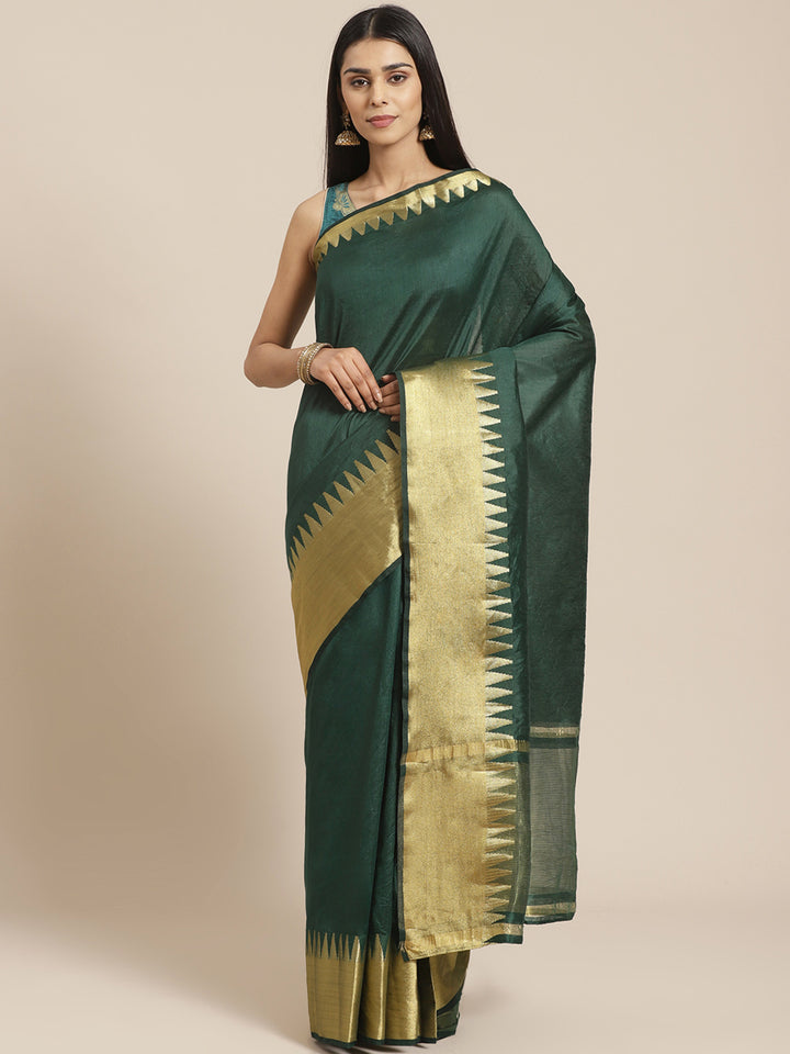 Kanjiwaram Dupion Silk Saree with Ethnic Temple Weaving Gold Zari Broad Border
