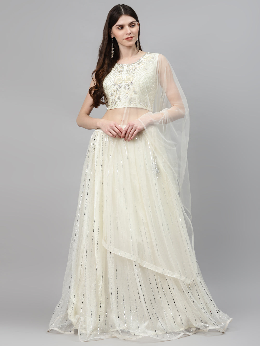 Ivory Embellished Lehenga Set with Silver Cutdana Embroidery Blouse & Net Dupatta