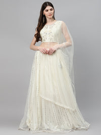 Ivory Embellished Lehenga Set with Silver Cutdana Embroidery Blouse & Net Dupatta