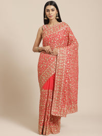 Bridal Coral Georgette Saree with Embroidered Dupatta & Gold Aari Floral Work