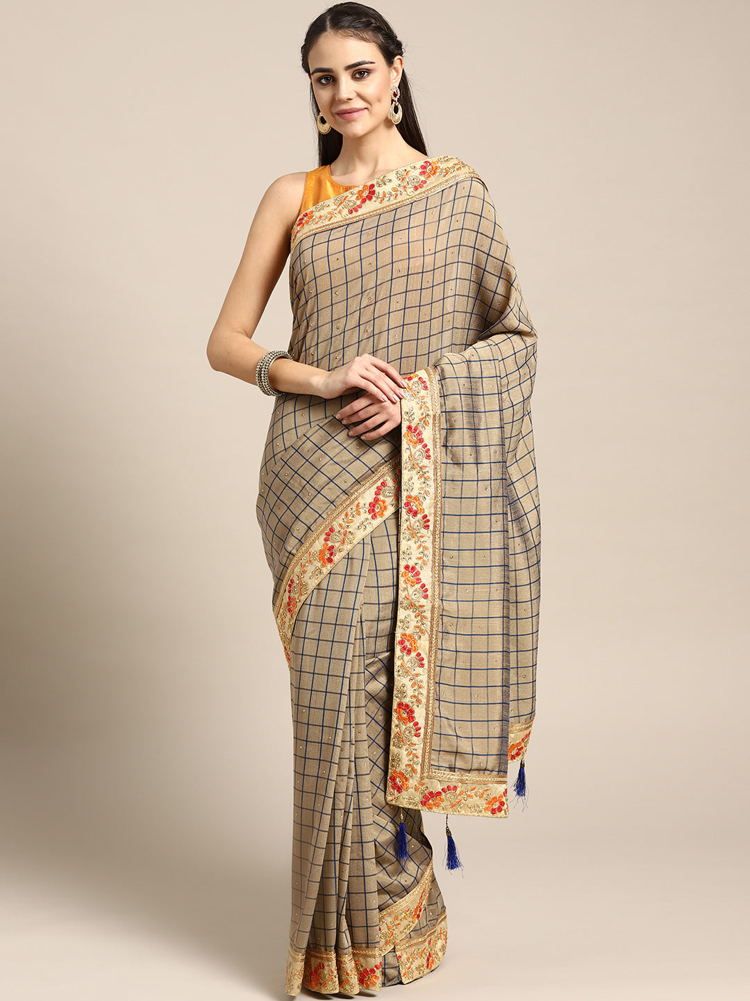 Chhabra 555 Crepe Checked pattern Saree with Zari Resham Embroidered border and crystal embellishments