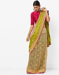 Half and Half  Silk Jamdani Saree with Jacquard Pallu and Embroidered Paneled Pleats