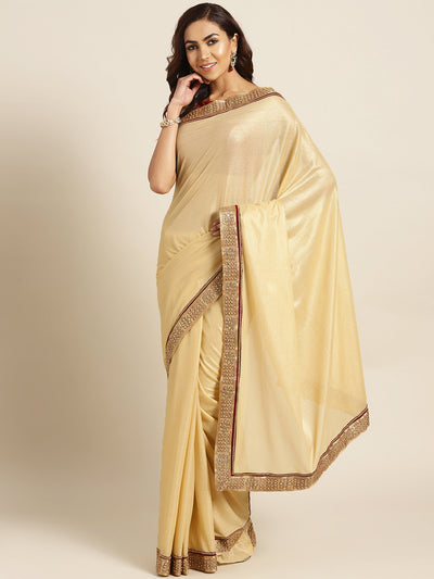 Chhabra 555 Gold Stretch georgette Saree with Pearl and Crystal Embellished border
