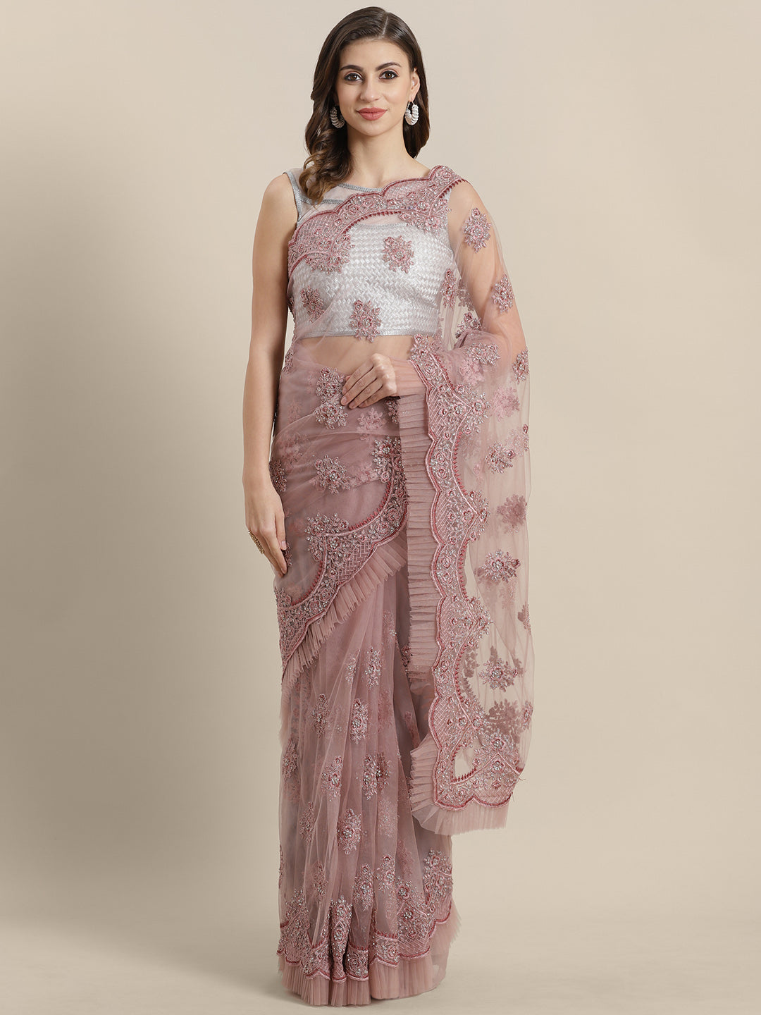 Chhabra 555 Net Embroidered Ruffled Saree with Heavy resham and crystal, pearl embellishments
