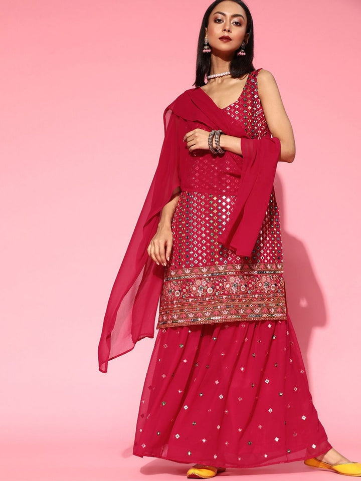 Made to Measure Fuchsia Multicolor Mirror Embroidery Sharara Suit Set & Intricate Border