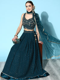 Chhabra 555 Made to Measure Blue Mukaish Work Embellished Georgette Lehenga With Heavy Choli Dupatta