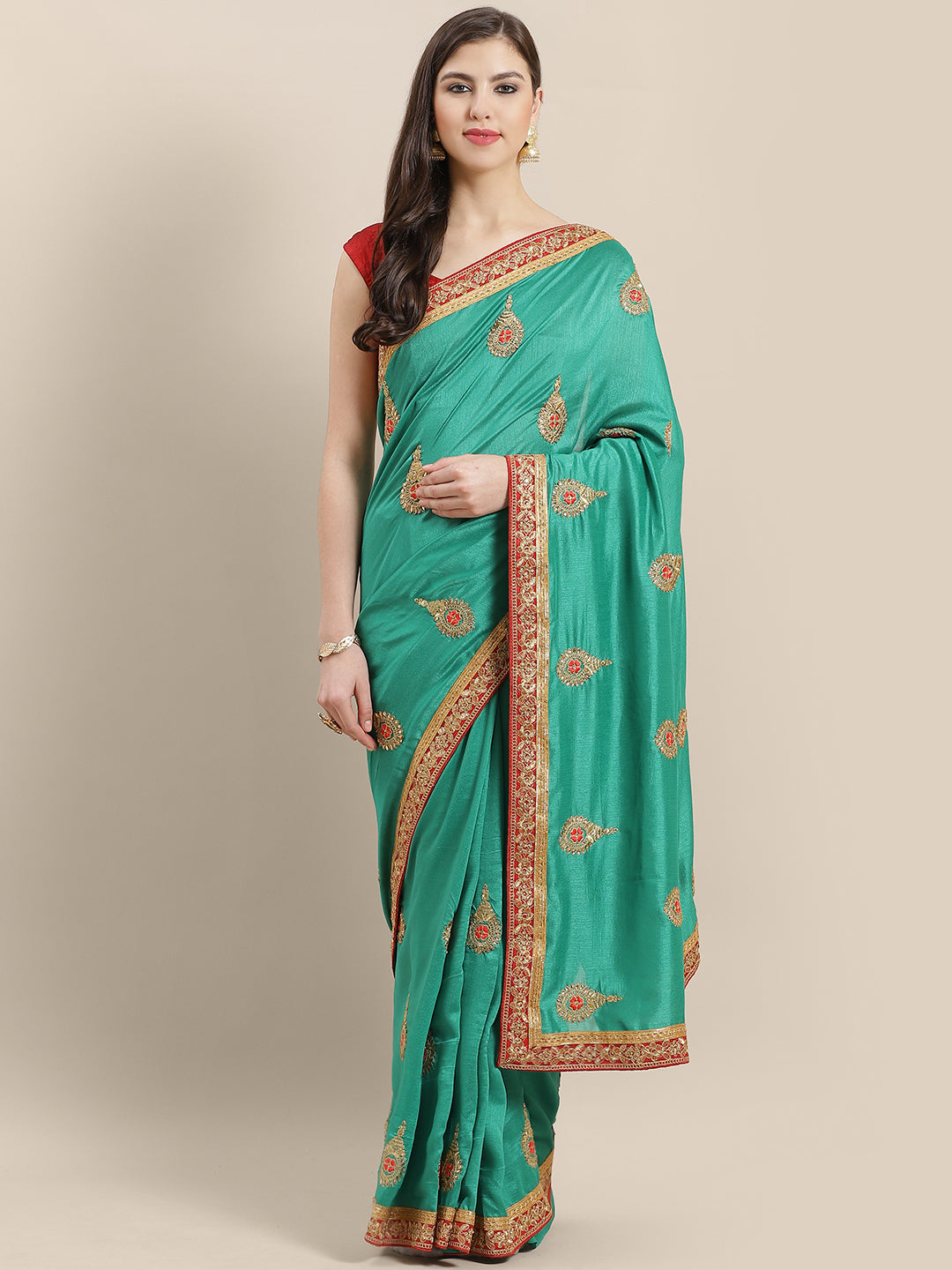 Chhabra 555 French SIlk Embroidered Saree with Red Zari Embroidery border and crystals