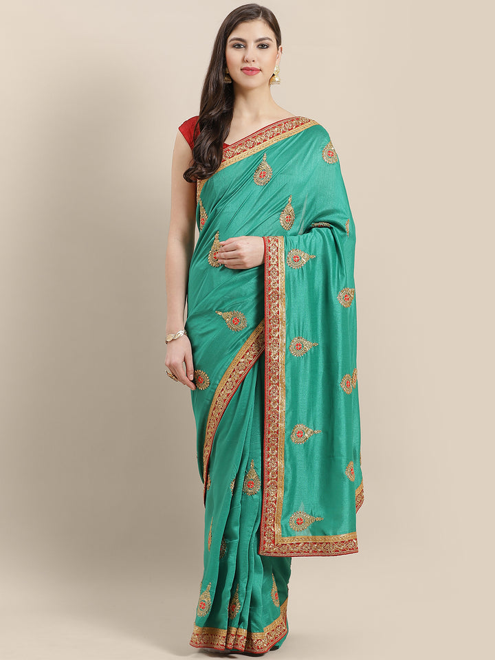 Chhabra 555 French SIlk Embroidered Saree with Red Zari Embroidery border and crystals