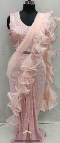 Ruffled Pre-Draped Pastel Pink Tulle Sequin Embellished Saree with Stitched blouse