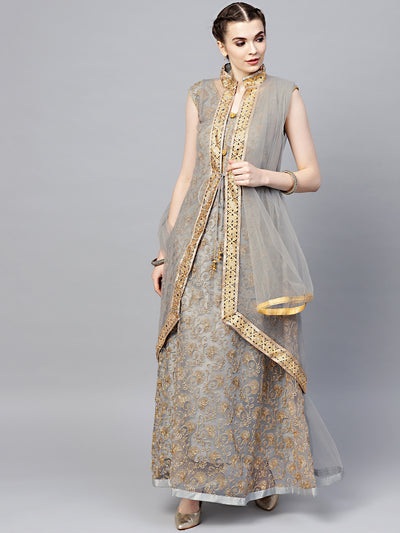 Chhabra 555 Made-to-Measure Grey Net Anarkali Kurta Set with Zari embroidery and matching jacket