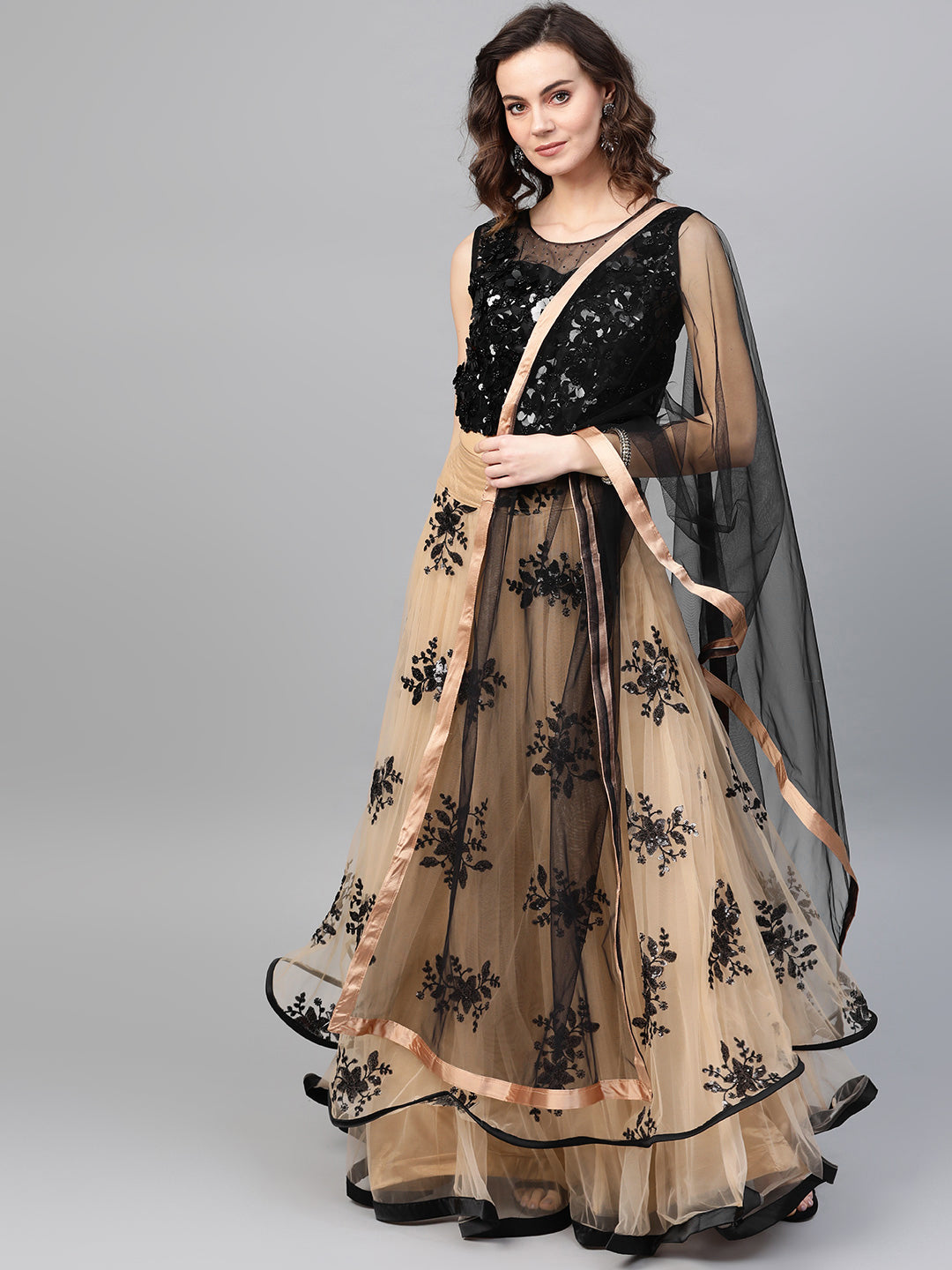 Chhabra 555 Made-to-Measure Crop Top Lehenga Set with Applique embroidered cut work flowers, Sequin embroidery and ruffled hemline