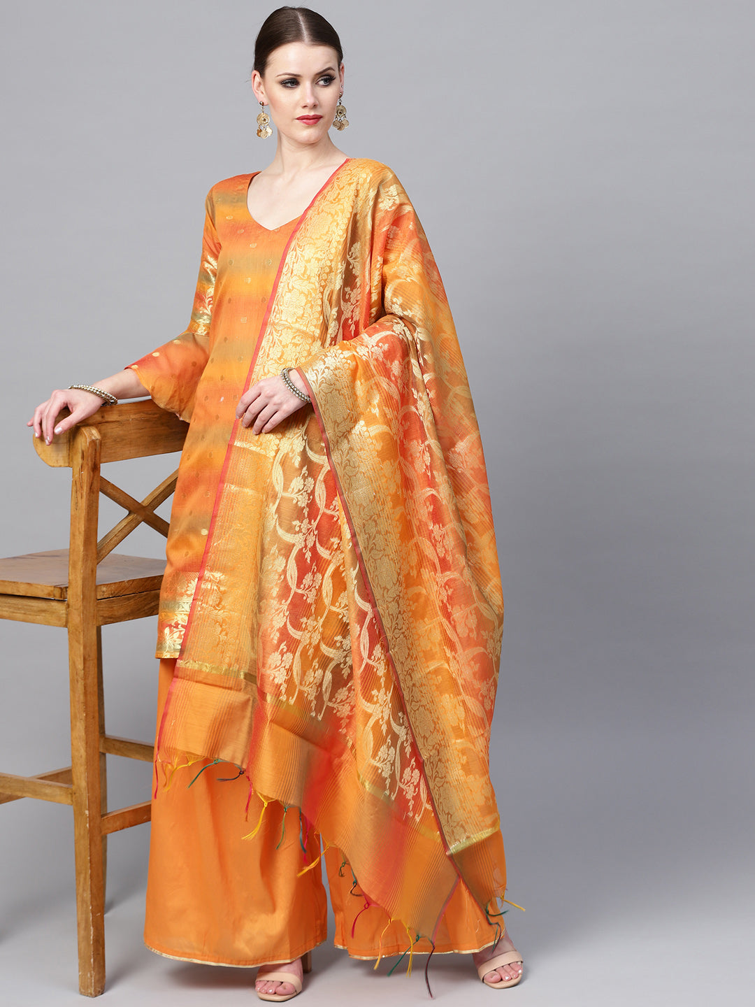 Chhabra 555 Mustard Made-to-Measure Kurta Set with Banarasi Handloom dupatta and sharara 