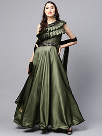 Chhabra 555 Green Embellished Floor length Cocktail Gown with Ruffled neckline and Dupatta