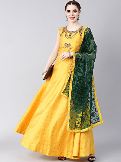 Chhabra 555 Yellow Anarkali Hand crafted Kurta Set with Jeweled Neckline and Embroidered Silk kurta