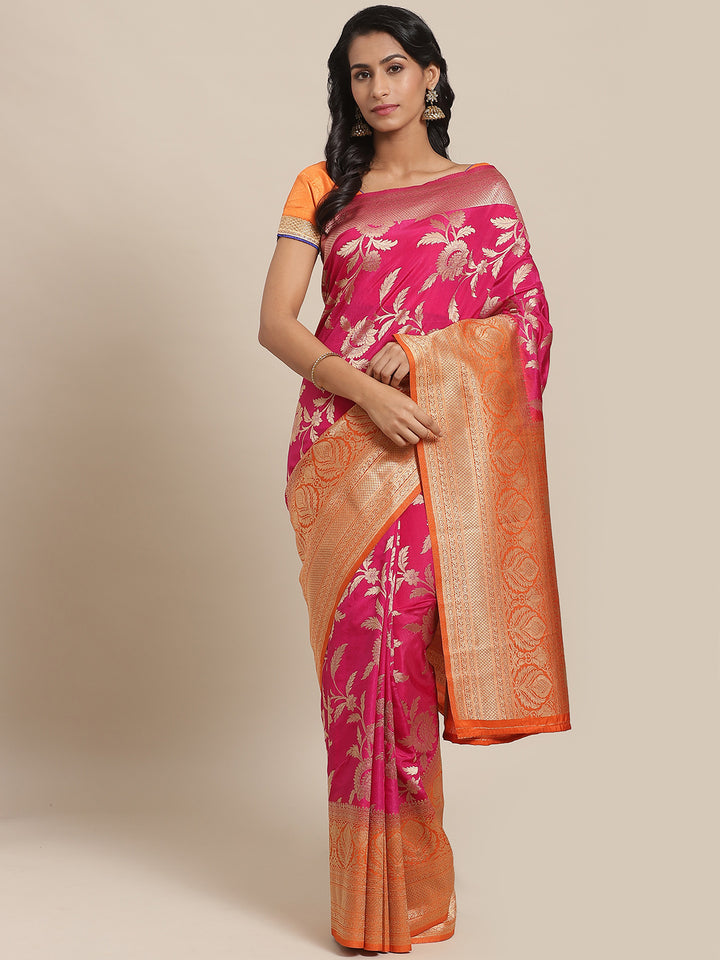 Traditional Checked Banarasi Jute Silk Saree with Oxidised Zari and contrast border