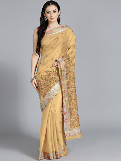Chhabra 555 Beige Tussar Silk saree with Resham embroidery and paisley patterns