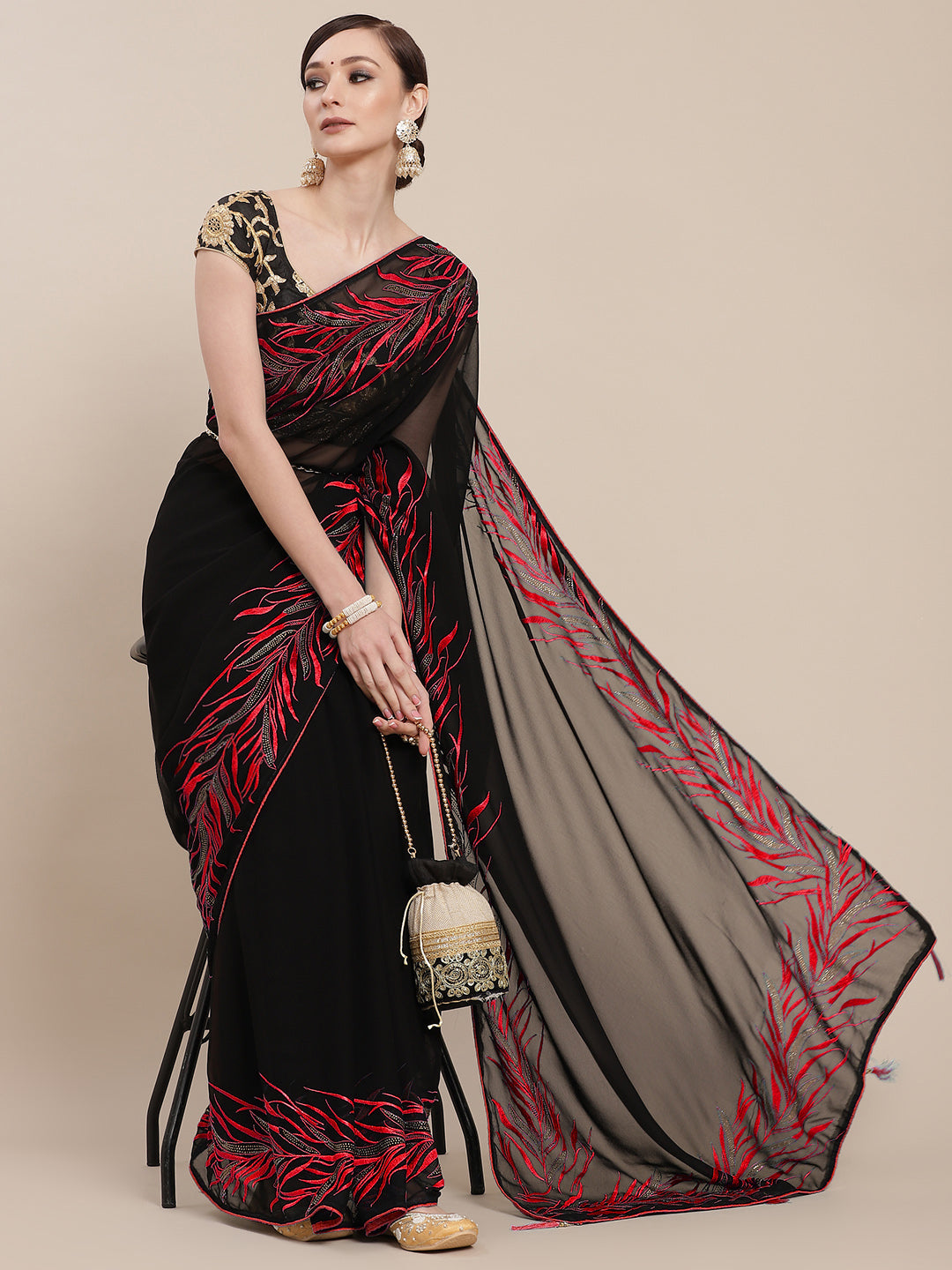 Chhabra 555 Black & Red Georgette Sree with contrast Resham Embroiderey & Crystal Embellishments