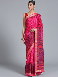 Chhabra 555 Bright Pink Crepe Paisley Print Saree with Zari Woven Border