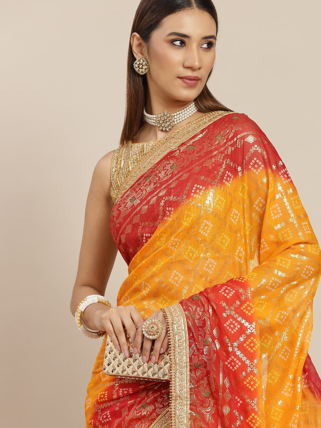 Chhabra 555 Red Ombre Bandhej Foil Printed Georgette Bridal Traditional Jaipuri Saree