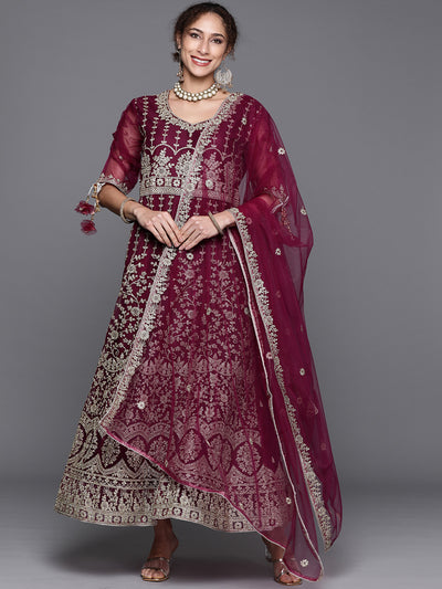 Chhabra 555 Semi-Stitched Burgundy Embroidery Long Ruffled Net Gown & Pleated Sleeves with Tassels 