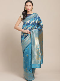 Blue Kanjiwaram inspired Silk Saree with Garchola Checked Weaving and Ethnic Motifs