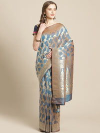 Banarasi Handloom Saree with Gold Zari Oxidised Dark Floral Weaving and Heavy Rich Pallu