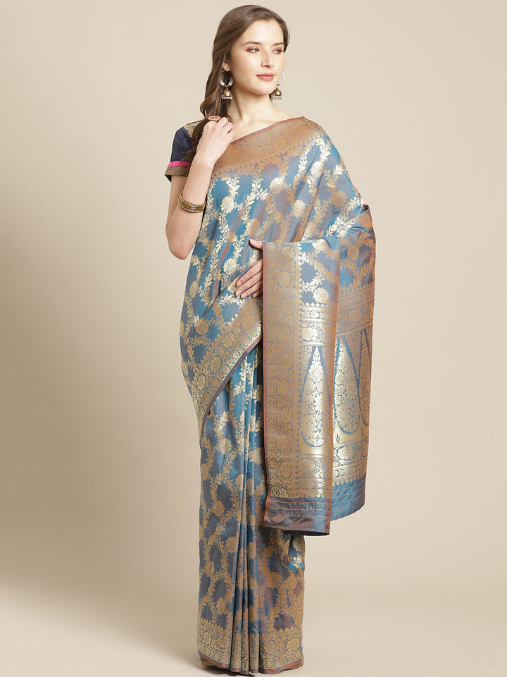 Banarasi Handloom Saree with Gold Zari Oxidised Dark Floral Weaving and Heavy Rich Pallu