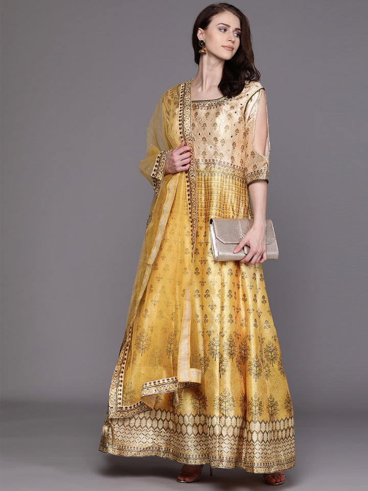Anarkali Cocktail Gown with Bohemian Print and Mirror embellishments