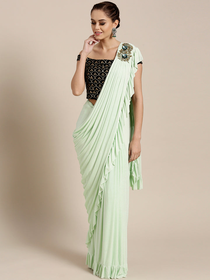 Draped Ruffled Pre-stitched Saree with Velvet Sequin Embellished Crop Top Blouse