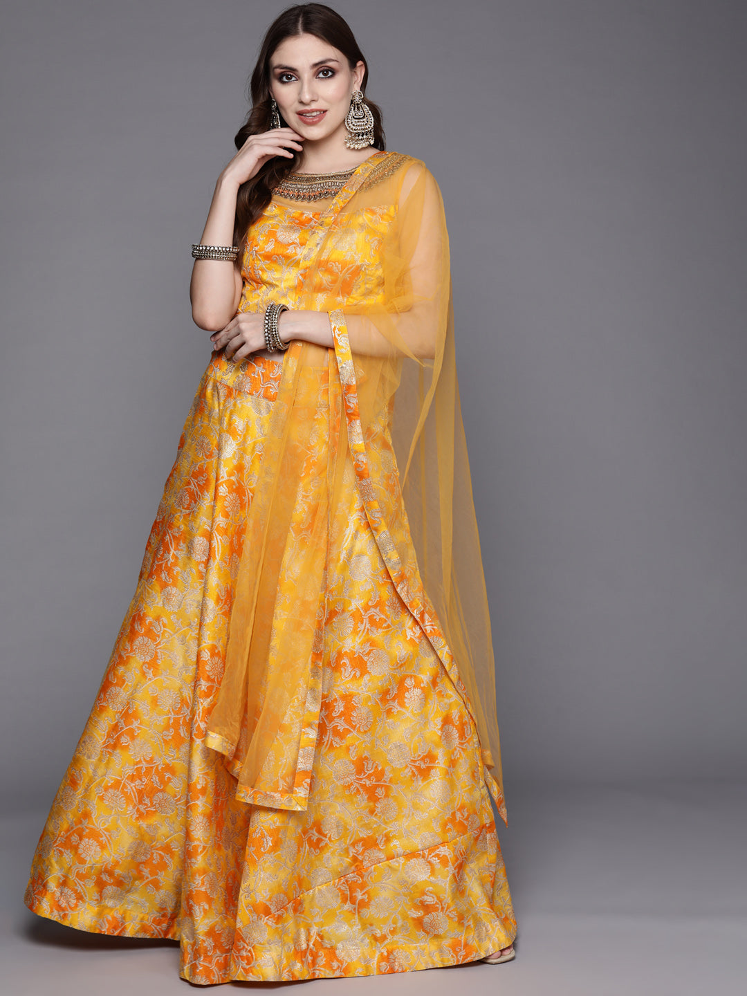 Chhabra 555 Made to Measure Mustard Digital Floral Printed Silk Lehenga Set & Embellished Neckline