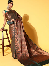 Chhabra 555 Bottle Green Oxidised Zari Handloom Traditional Banarasi Silk Saree With Ethnic Motifs 