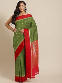 Chhabra 555 Handloom Bengali Style Gadwal Saree With Paisley Motifs & Red Broad Border 