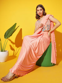 Chhabra 555 Ruffled Draped Pre-Stitched Lycra Saree with Resham, Zari and Mirror Embellished Blouse