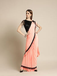 Peach Draped Ruffled Pre-stitched Saree with Tassled Sequin Embroidered Crop Top Blouse