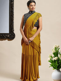 Chhabra 555 Ruffled Pre-Draped Lycra Saree with Frills and Cutdana Embroidery Velvet Blouse