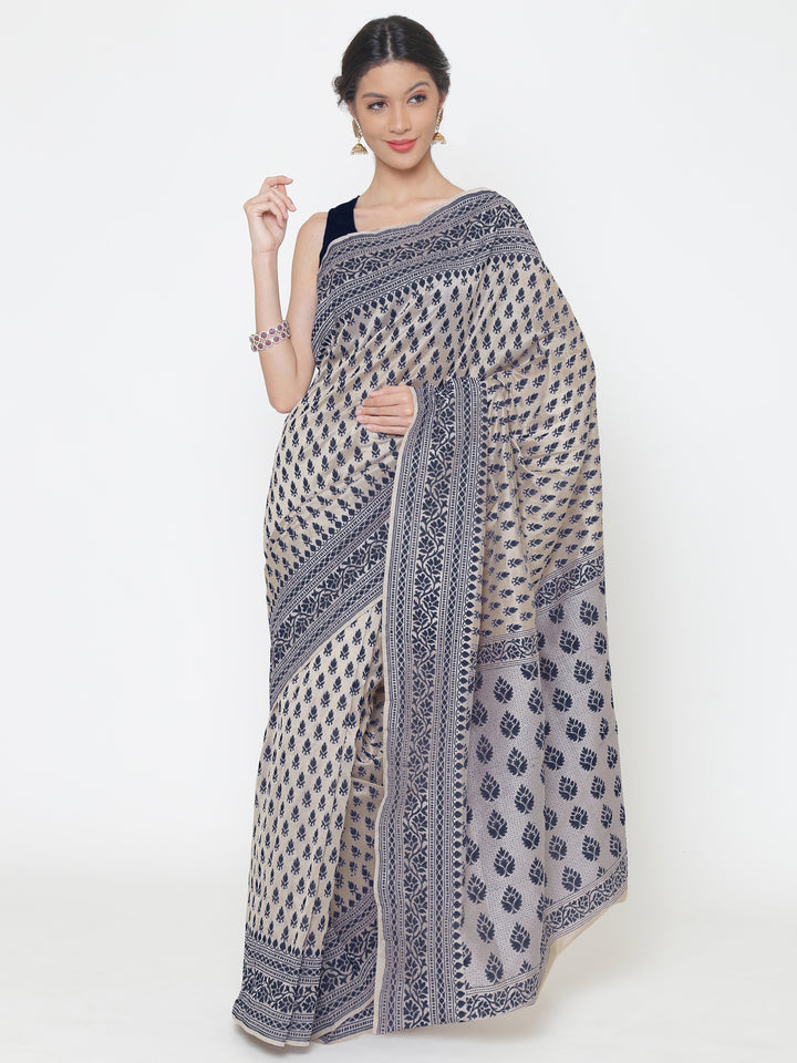 Chhabra 555 Cream Grey Cotton Silk saree with handloom weaving floral patterns and a broad border