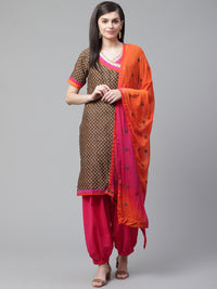 Brown Printed Cotton Dress Material with  Bright Color Blocking and Zari Borders