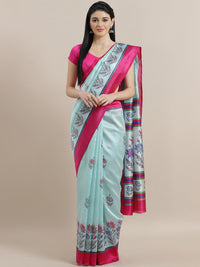 Chhabra 555 Ice Blue Bhagalpuri Silk printed Saree with Floral Digital Design and  Fuchsia Blouse