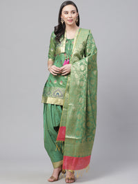 Handloom Chanderi Stitched Suit with Resham Gold Weave Floral Pattern & Matching Jacket