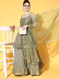 Chhabra 555 Olive Green Gold Foil Off Shoulder Peplum Style Lehanga Set with Sequinned Net Dupatta 