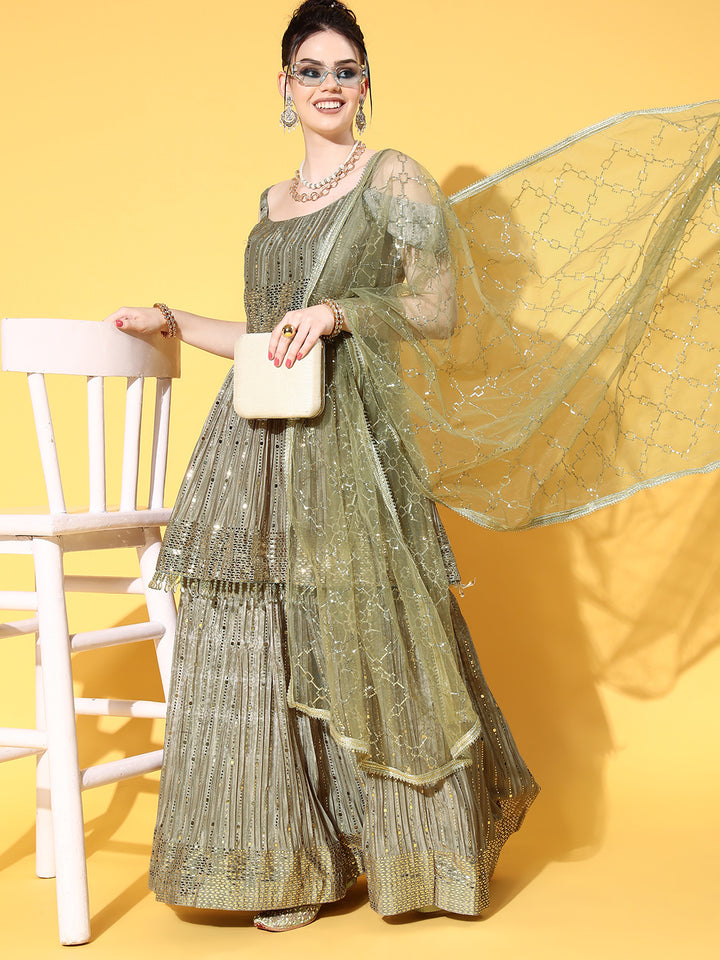 Chhabra 555 Olive Green Gold Foil Off Shoulder Peplum Style Lehanga Set with Sequinned Net Dupatta 