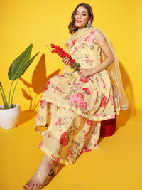 Chhabra 555 Made-to-Measure Yellow Digital Printed Georgette Peplum Kurta Sharara Set With Net Dupatta