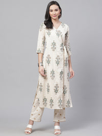 Made to Measure Jute Cotton Angrakha Kurta Pants Set With Gold Prints & GotaPatti Trims