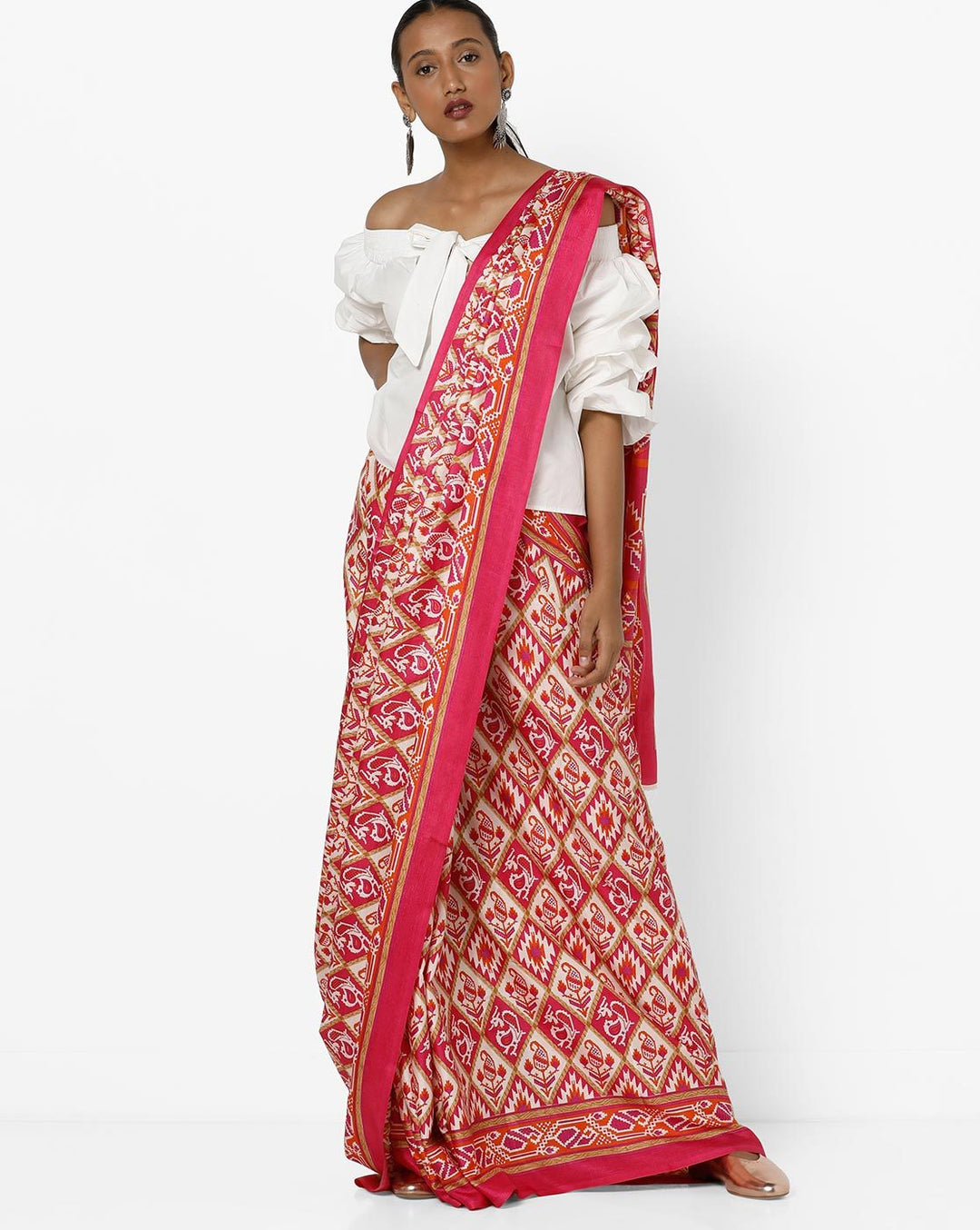 Fuchsia Patola Inspired Crepe Silk Printed  Saree with Ethnic Peacocks and Paisleys