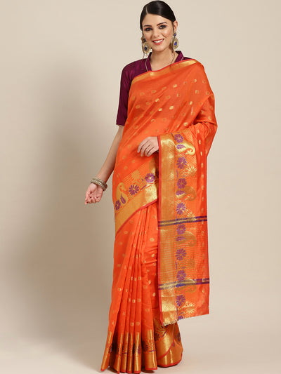 Chhabra 555 Orange Chanderi Silk saree with Zari and Meenakari weaving in a paisley pattern