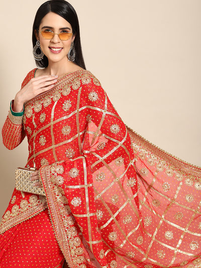 Chhabra 555 Red Bandhani Gold Zari Embroidery & Stone & Beads Embellished Heavy Bridal Chiffon Saree