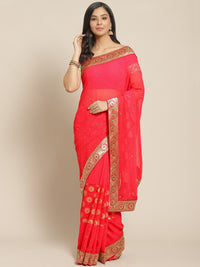 Coral Pink Embellished Georgette Saree with Banarasi Brocade Woven Border
